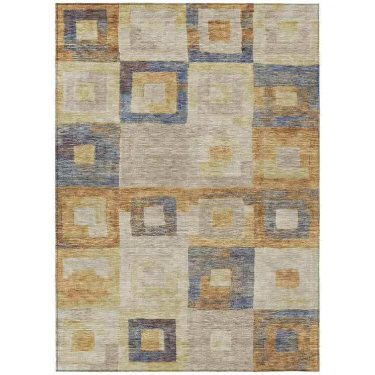 5' X 8' Linen Blue And Copper Geometric Washable Indoor Outdoor Area Rug