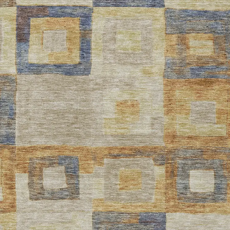 5' X 8' Linen Blue And Copper Geometric Washable Indoor Outdoor Area Rug