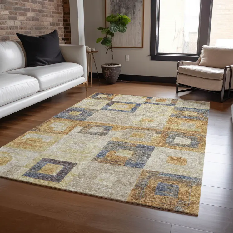 5' X 8' Linen Blue And Copper Geometric Washable Indoor Outdoor Area Rug
