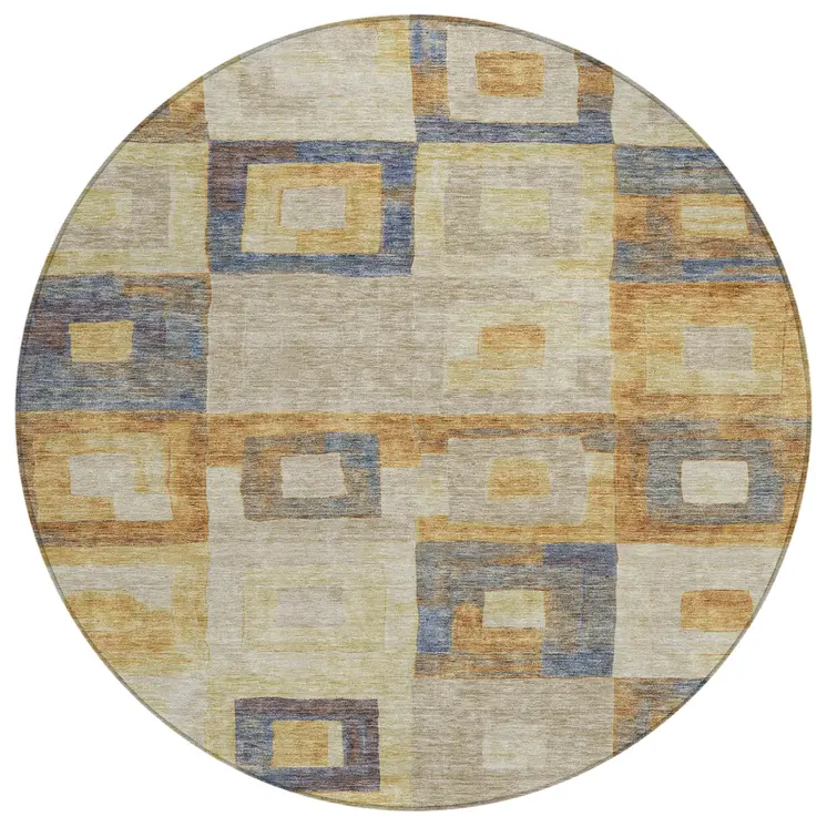 8' Linen Blue And Copper Round Geometric Washable Indoor Outdoor Area Rug