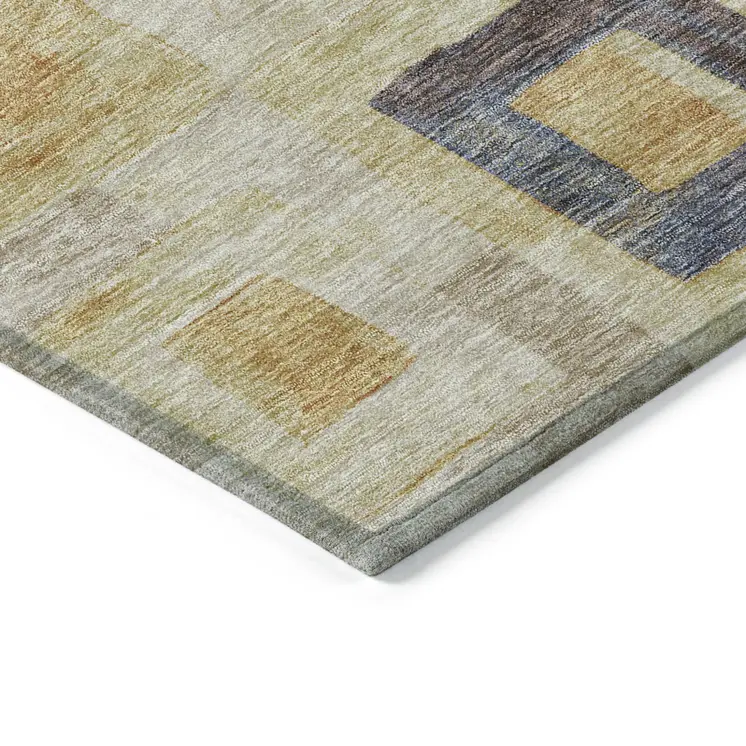 8' Linen Blue And Copper Round Geometric Washable Indoor Outdoor Area Rug
