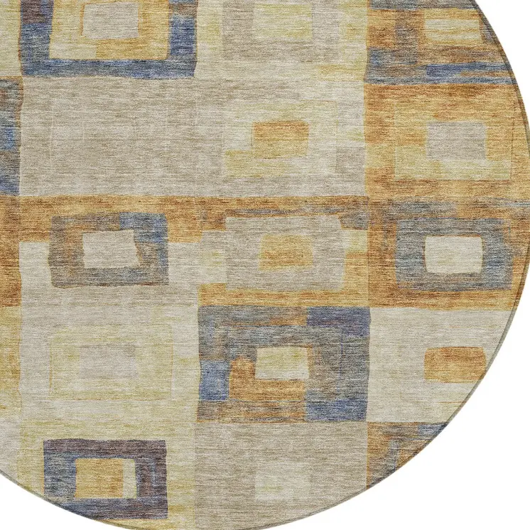 8' Linen Blue And Copper Round Geometric Washable Indoor Outdoor Area Rug