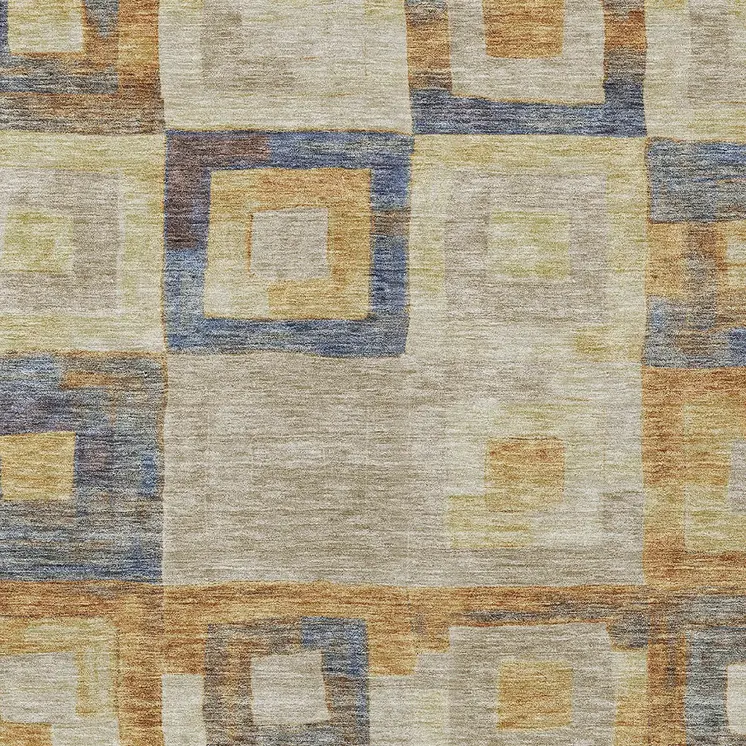 9' X 12' Linen Blue And Copper Geometric Washable Indoor Outdoor Area Rug