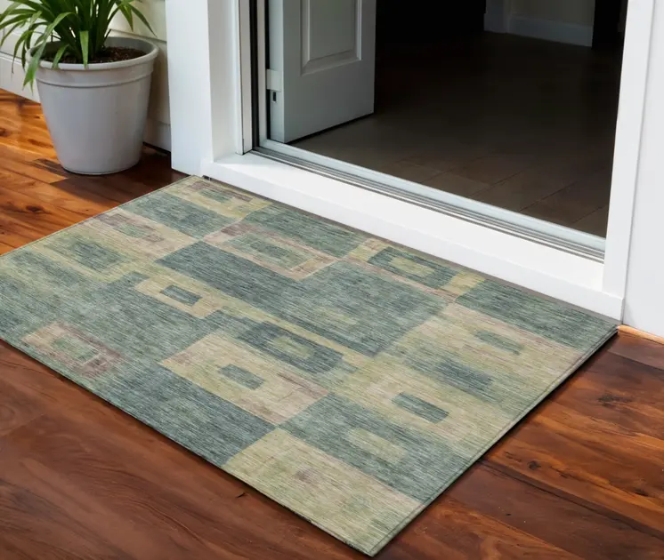 3' X 5' Sage And Gray Geometric Washable Indoor Outdoor Area Rug