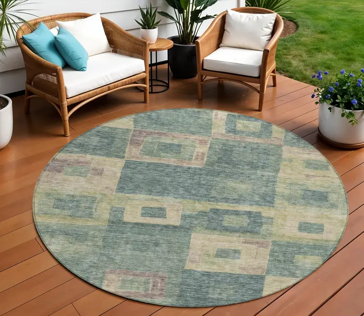 8' Sage And Gray Round Geometric Washable Indoor Outdoor Area Rug