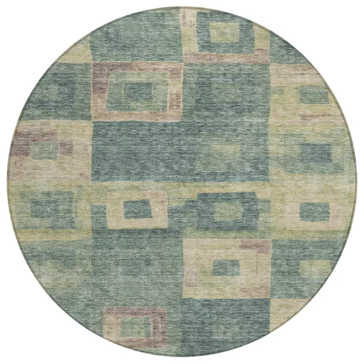 8' Sage And Gray Round Geometric Washable Indoor Outdoor Area Rug