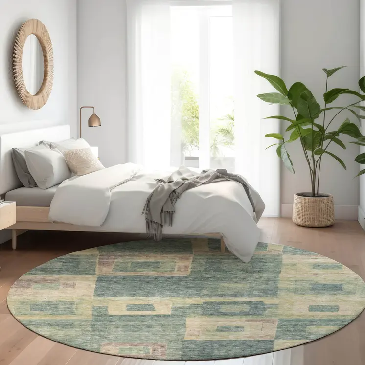 8' Sage And Gray Round Geometric Washable Indoor Outdoor Area Rug