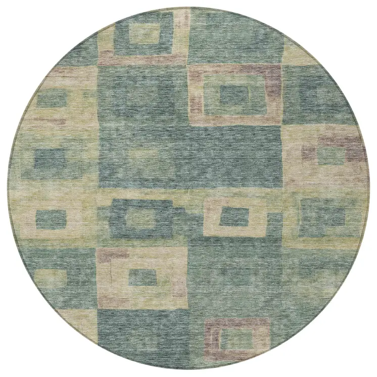 8' Sage And Gray Round Geometric Washable Indoor Outdoor Area Rug