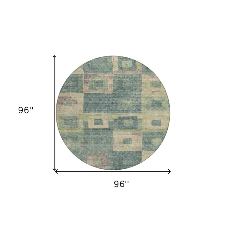 8' Sage And Gray Round Geometric Washable Indoor Outdoor Area Rug