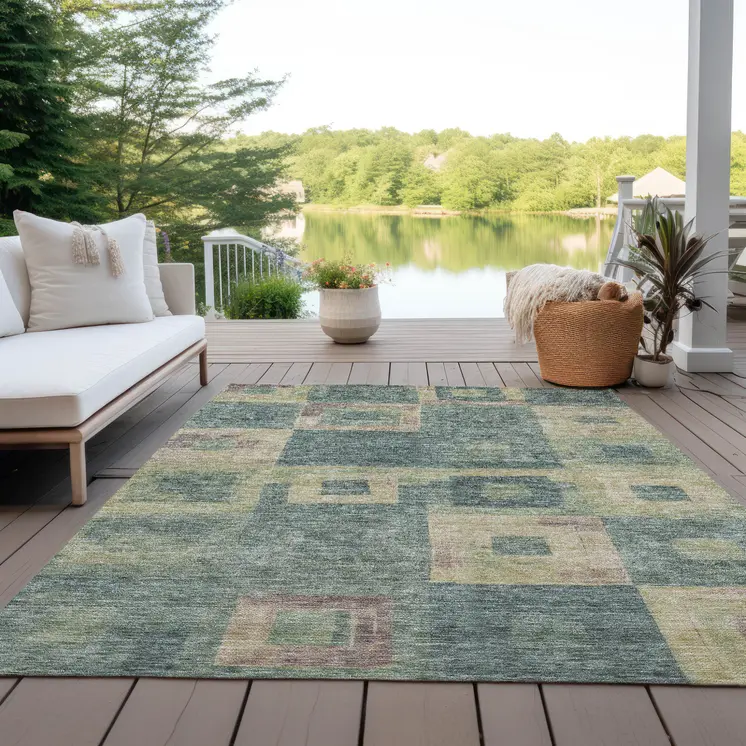 9' X 12' Sage And Gray Geometric Washable Indoor Outdoor Area Rug