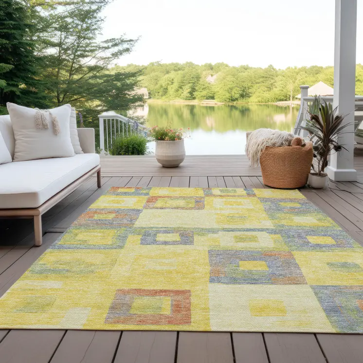 3' X 5' Yellow Blue And Terra Cotta Geometric Washable Indoor Outdoor Area Rug