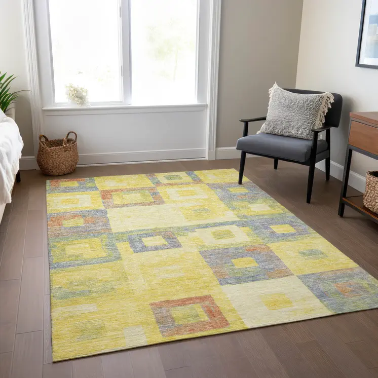 3' X 5' Yellow Blue And Terra Cotta Geometric Washable Indoor Outdoor Area Rug
