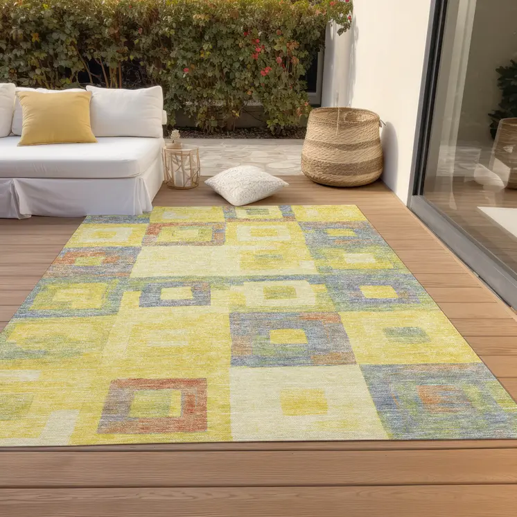 3' X 5' Yellow Blue And Terra Cotta Geometric Washable Indoor Outdoor Area Rug