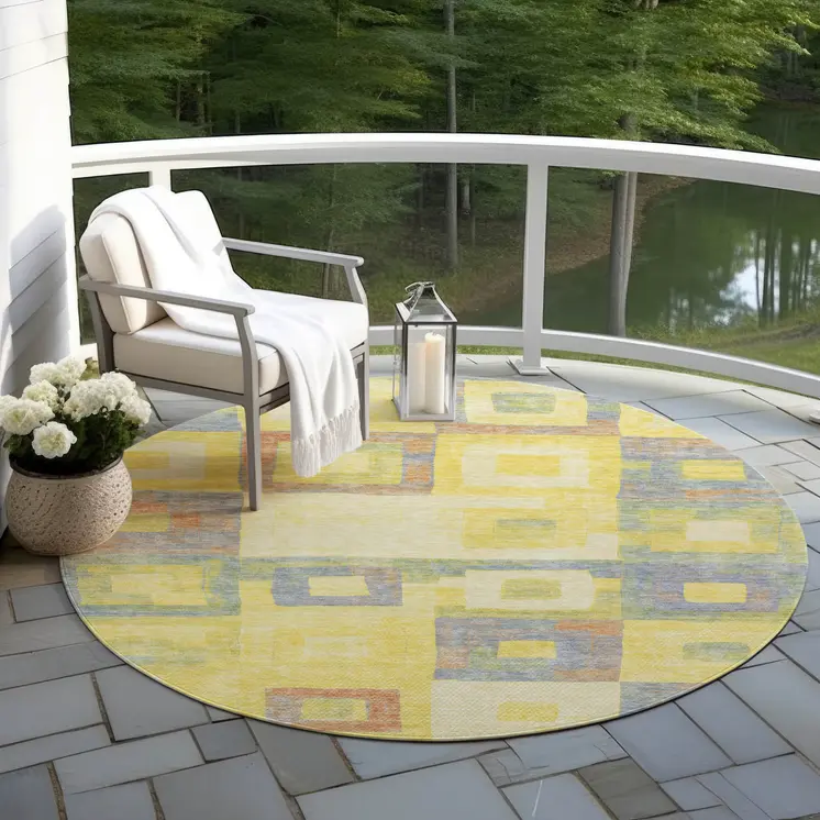 8' Yellow Blue And Terra Cotta Round Geometric Washable Indoor Outdoor Area Rug
