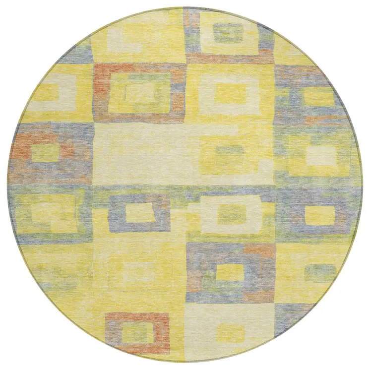 8' Yellow Blue And Terra Cotta Round Geometric Washable Indoor Outdoor Area Rug