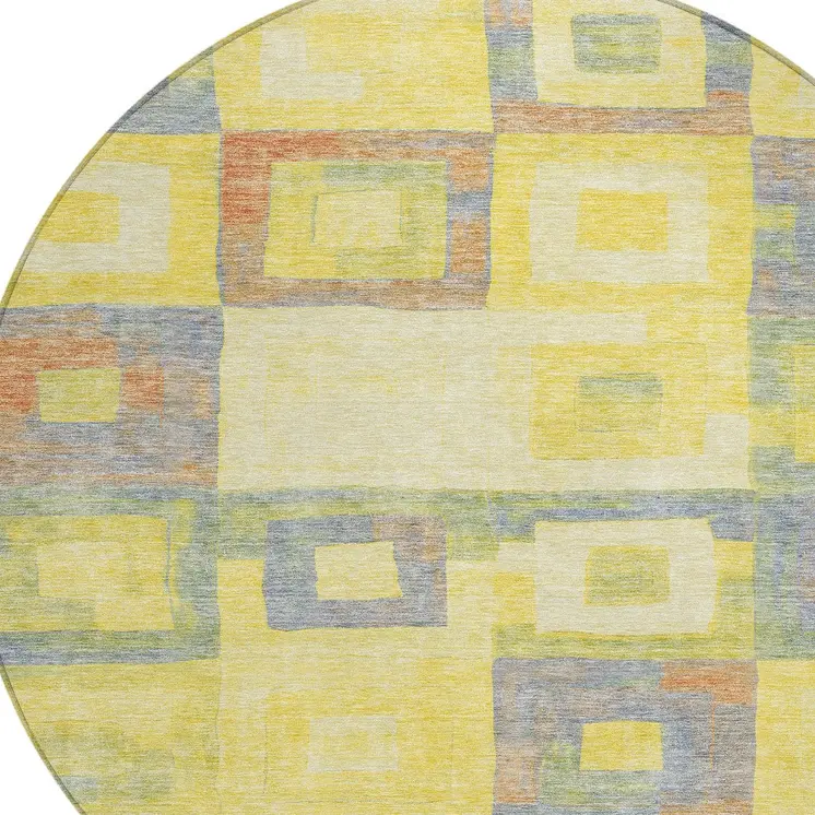8' Yellow Blue And Terra Cotta Round Geometric Washable Indoor Outdoor Area Rug
