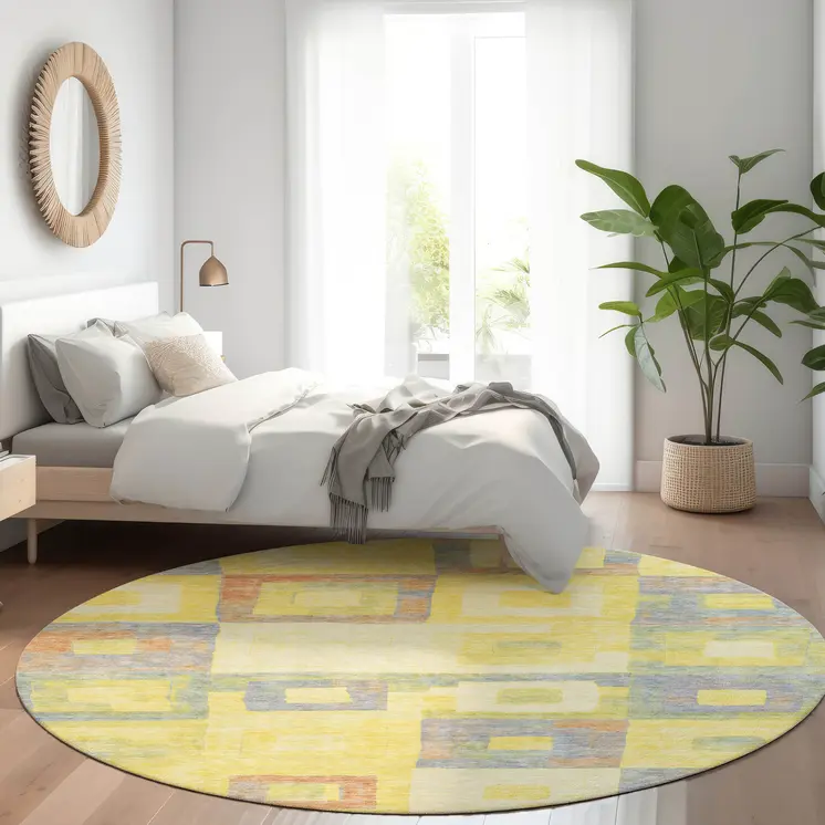 8' Yellow Blue And Terra Cotta Round Geometric Washable Indoor Outdoor Area Rug