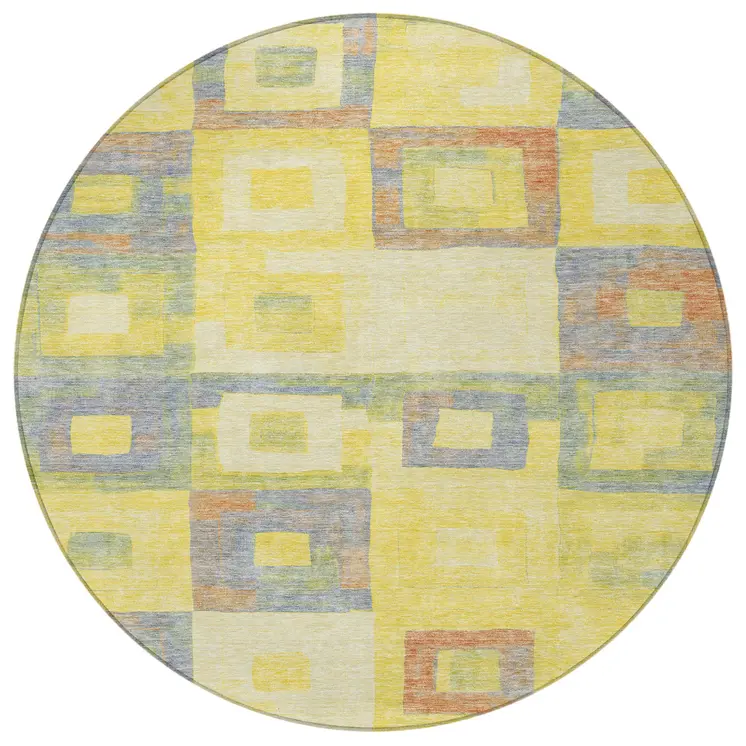 8' Yellow Blue And Terra Cotta Round Geometric Washable Indoor Outdoor Area Rug