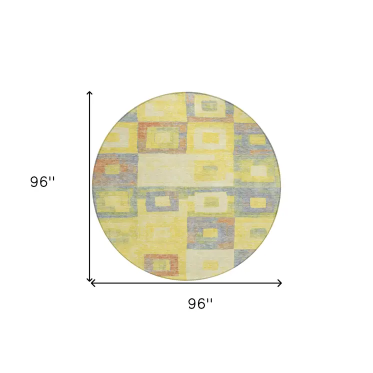 8' Yellow Blue And Terra Cotta Round Geometric Washable Indoor Outdoor Area Rug