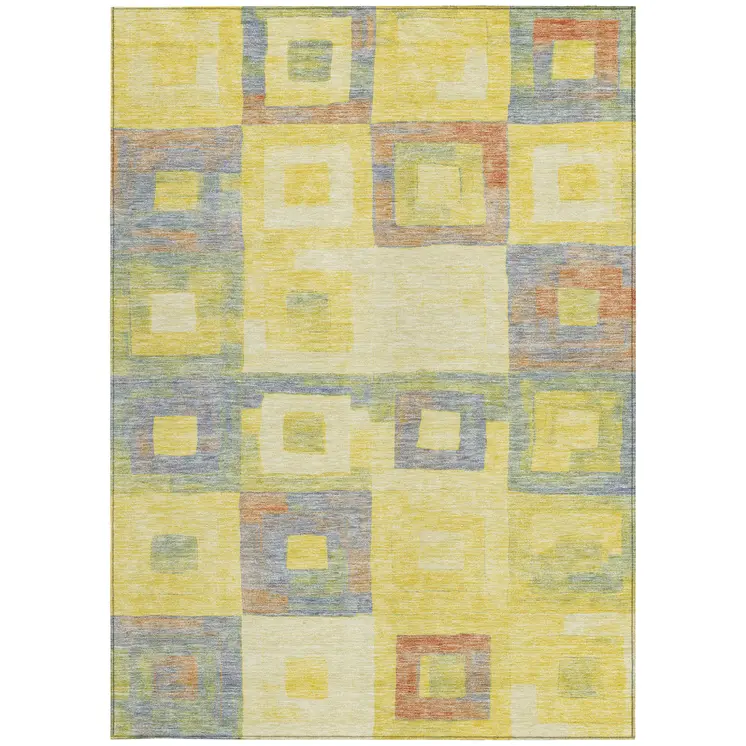 9' X 12' Yellow Blue And Terra Cotta Geometric Washable Indoor Outdoor Area Rug