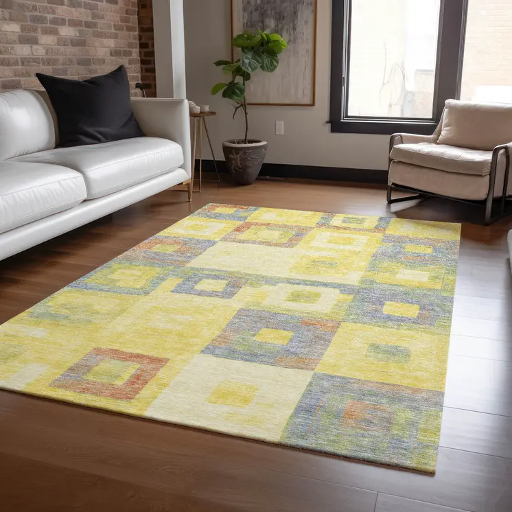 9' X 12' Yellow Blue And Terra Cotta Geometric Washable Indoor Outdoor Area Rug