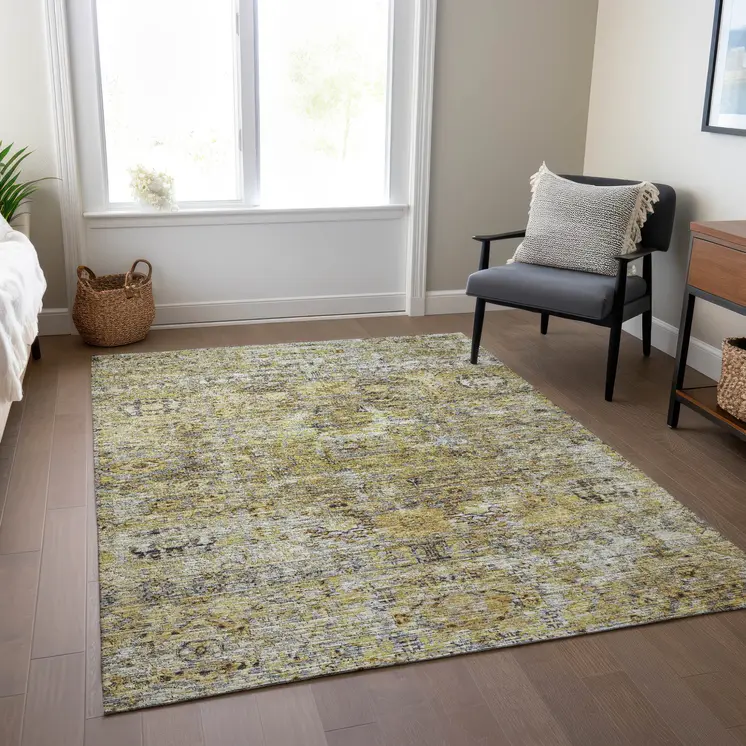 3' X 5' Artichoke Green Beige And Black Floral Washable Indoor Outdoor Area Rug