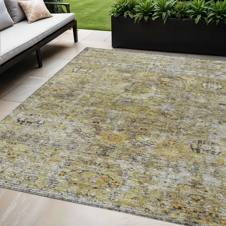 5' X 8' Artichoke Green Beige And Black Floral Washable Indoor Outdoor Area Rug