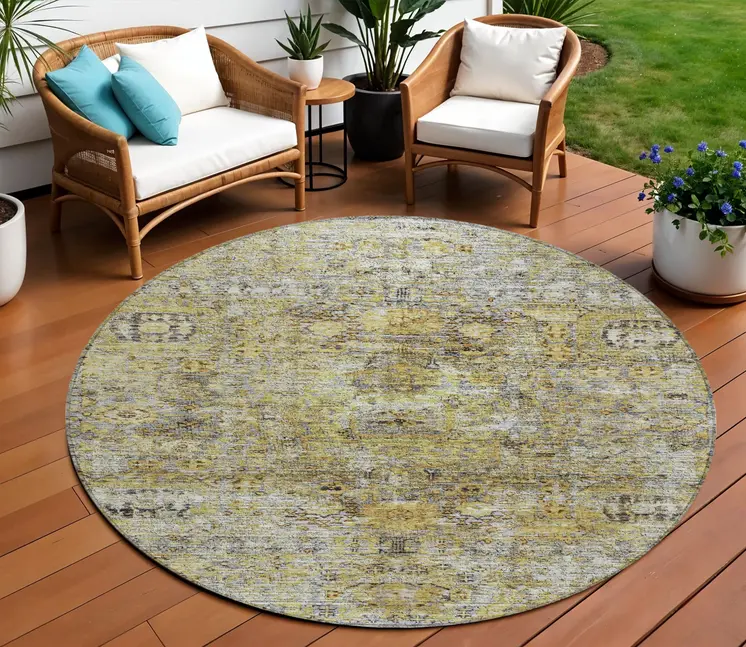 8' Artichoke Green Beige And Black Round Floral Washable Indoor Outdoor Area Rug
