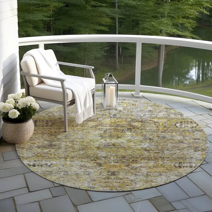 8' Artichoke Green Beige And Black Round Floral Washable Indoor Outdoor Area Rug