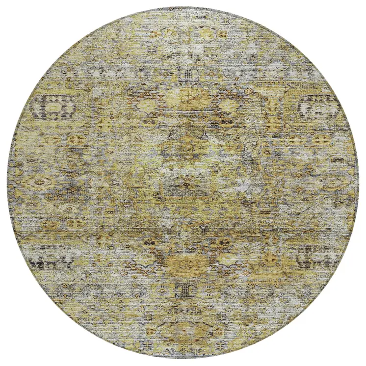 8' Artichoke Green Beige And Black Round Floral Washable Indoor Outdoor Area Rug