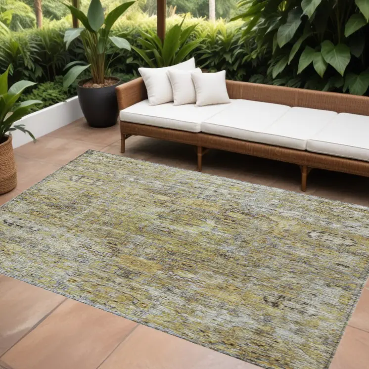 8' X 10' Artichoke Green Beige And Black Floral Washable Indoor Outdoor Area Rug
