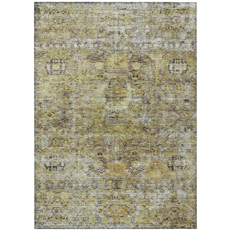 8' X 10' Artichoke Green Beige And Black Floral Washable Indoor Outdoor Area Rug