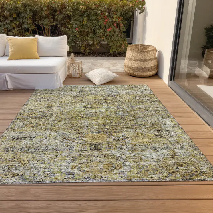 9' X 12' Artichoke Green Beige And Black Floral Washable Indoor Outdoor Area Rug
