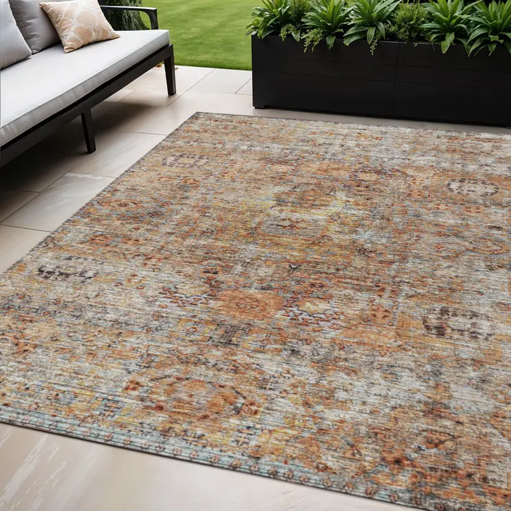 5' X 8' Coral Terra Cotta And Beige Floral Washable Indoor Outdoor Area Rug