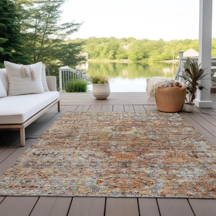 5' X 8' Coral Terra Cotta And Beige Floral Washable Indoor Outdoor Area Rug