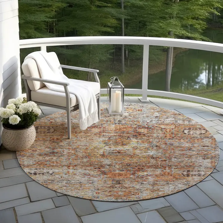 8' Coral Terra Cotta And Beige Round Floral Washable Indoor Outdoor Area Rug