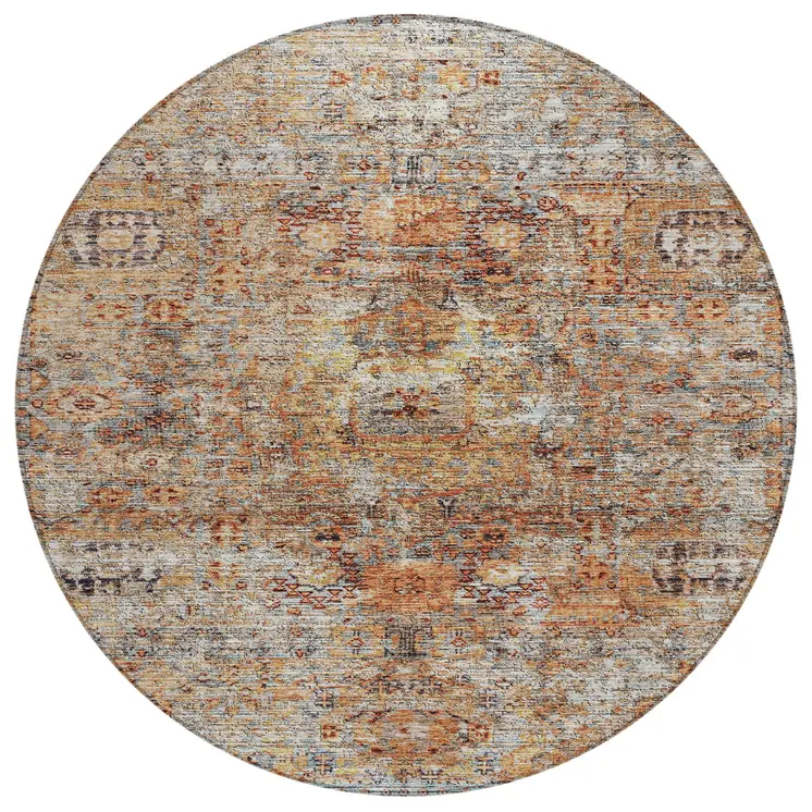 8' Coral Terra Cotta And Beige Round Floral Washable Indoor Outdoor Area Rug