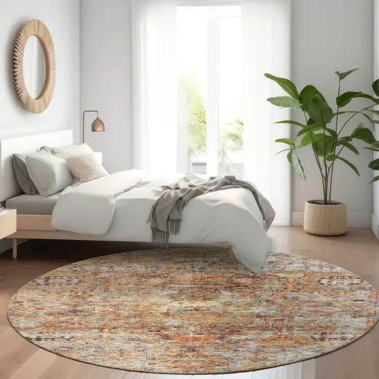 8' Coral Terra Cotta And Beige Round Floral Washable Indoor Outdoor Area Rug