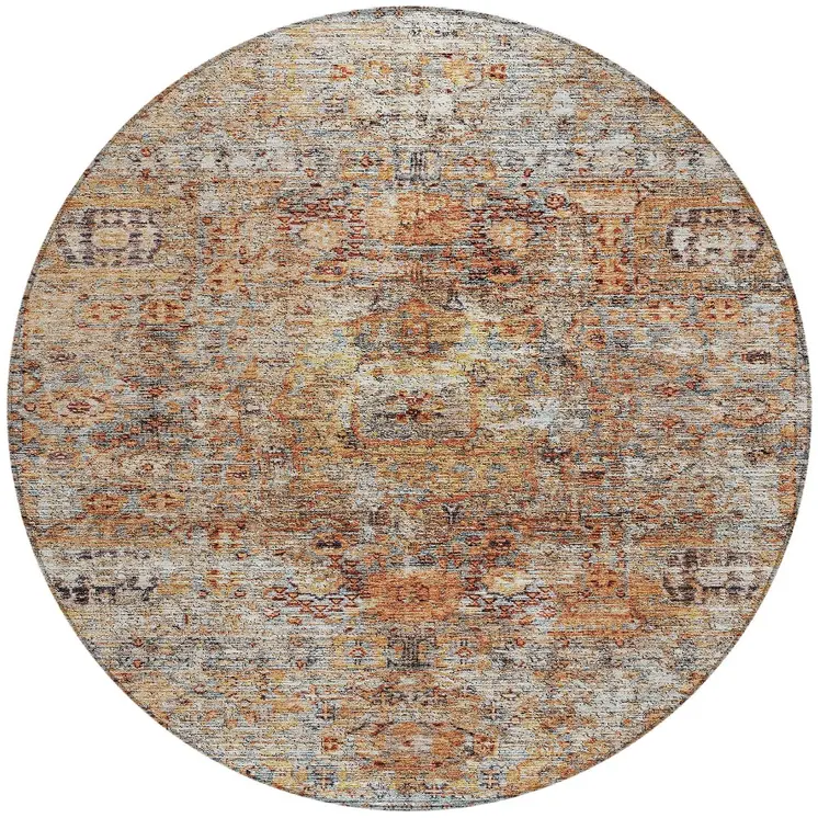 8' Coral Terra Cotta And Beige Round Floral Washable Indoor Outdoor Area Rug