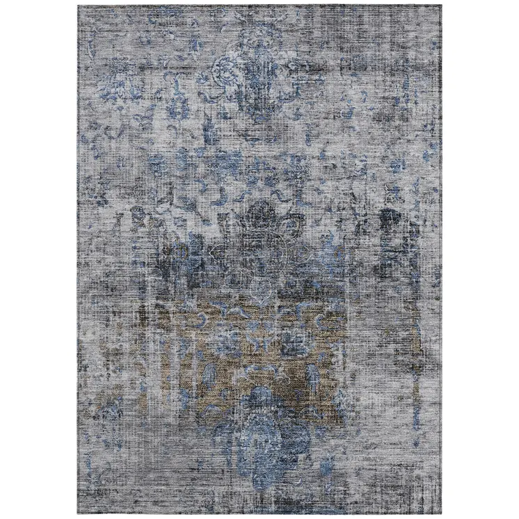3' X 5' Blue And Gray Floral Washable Indoor Outdoor Area Rug