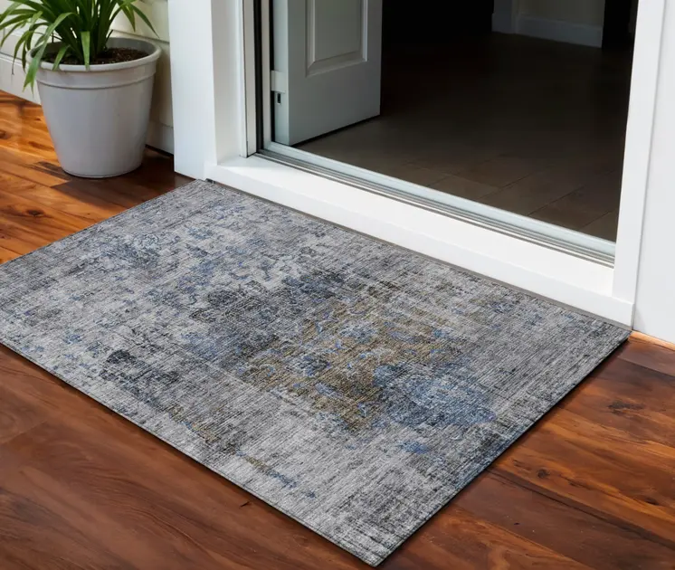 3' X 5' Blue And Gray Floral Washable Indoor Outdoor Area Rug