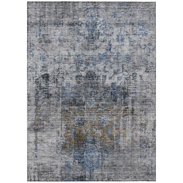 3' X 5' Blue And Gray Floral Washable Indoor Outdoor Area Rug