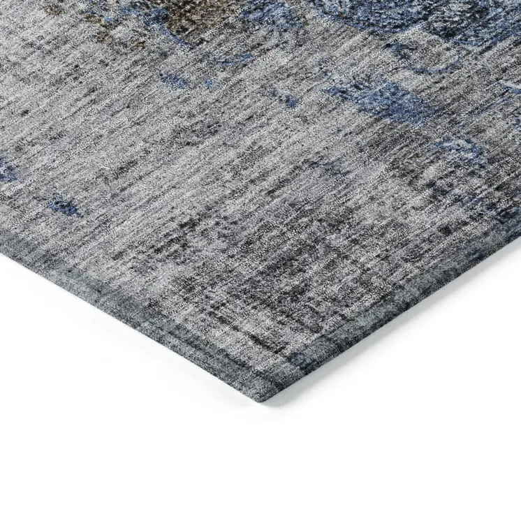 3' X 5' Blue And Gray Floral Washable Indoor Outdoor Area Rug