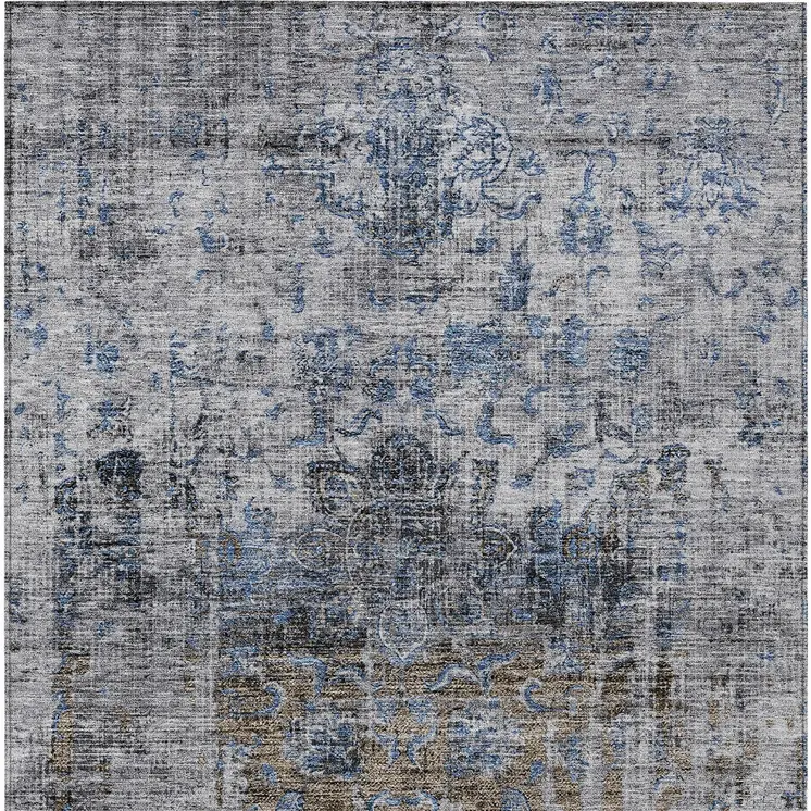3' X 5' Blue And Gray Floral Washable Indoor Outdoor Area Rug