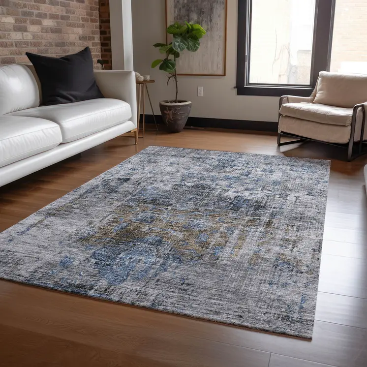 3' X 5' Blue And Gray Floral Washable Indoor Outdoor Area Rug