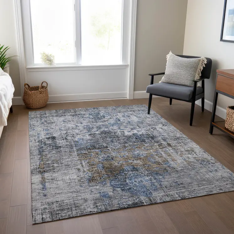3' X 5' Blue And Gray Floral Washable Indoor Outdoor Area Rug