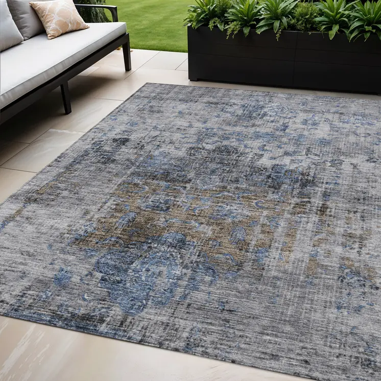 5' X 8' Blue And Gray Floral Washable Indoor Outdoor Area Rug