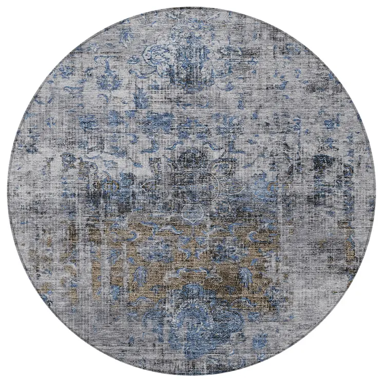 8' Blue And Gray Round Floral Washable Indoor Outdoor Area Rug