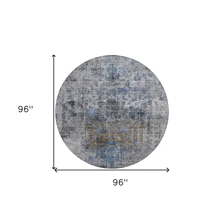 8' Blue And Gray Round Floral Washable Indoor Outdoor Area Rug