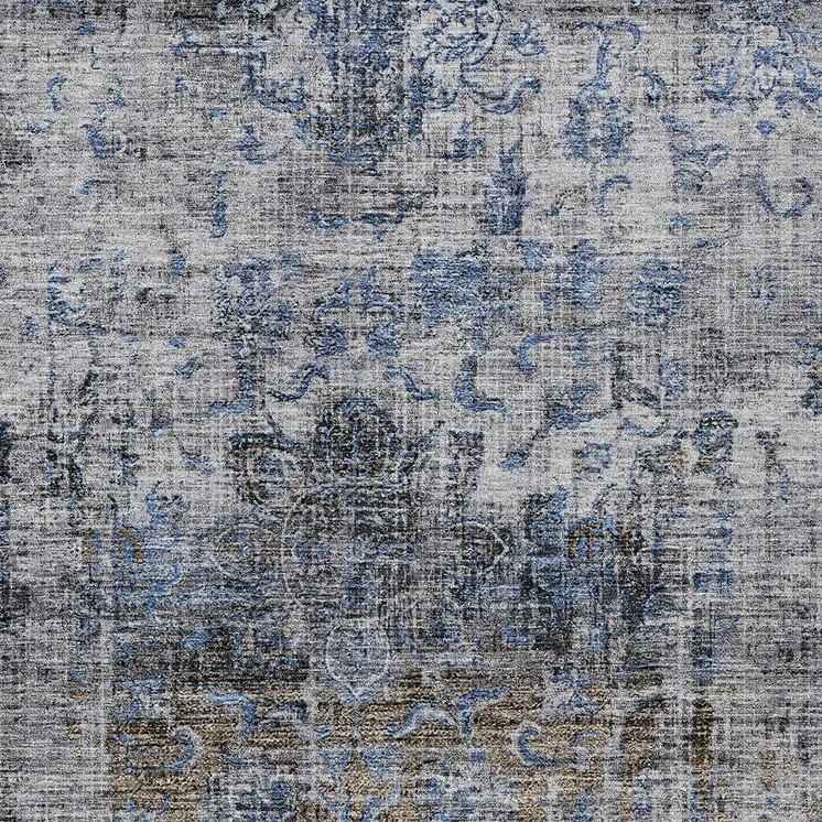 8' X 10' Blue And Gray Floral Washable Indoor Outdoor Area Rug
